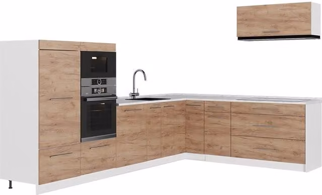 Cocina esquinera Vicco Fame-Line en roble y blanco con acabado mate