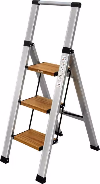Escalera plegable de 3 peldaños Ililo en aluminio color plata con pies de goma y asa de transporte