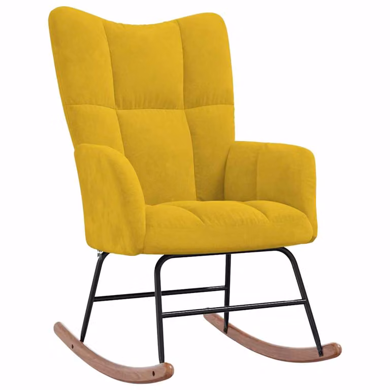 Silla mecedora de terciopelo vidaXL en color amarillo para salón con reposabrazos y estructura de metal y madera