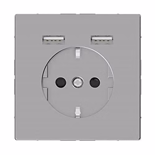 Enchufe Schuko empotrado Merten con conector USB tipo A+A en acero inoxidable color plata