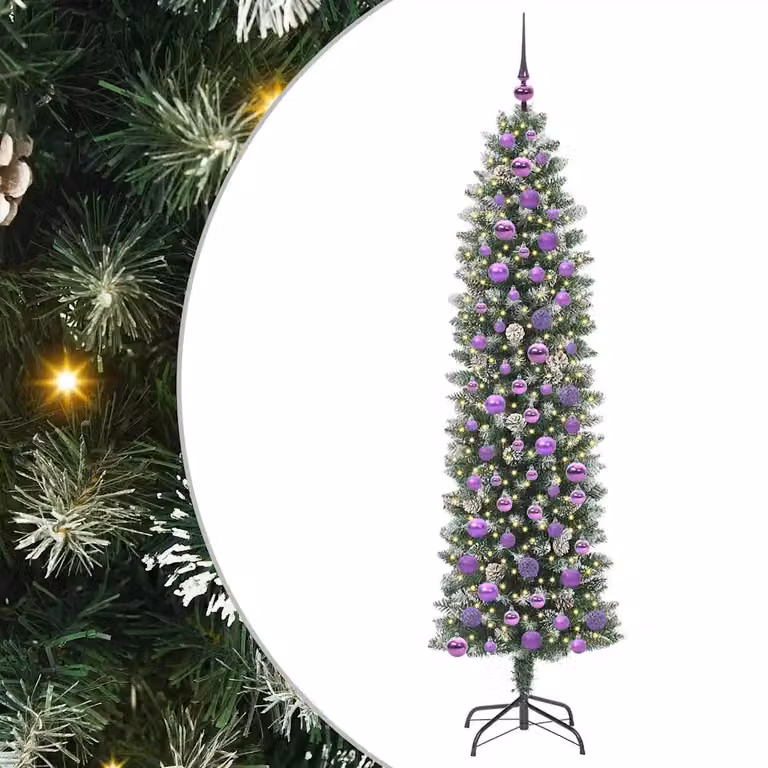 Árbol de Navidad artificial delgado vidaXL con luces LED blanco cálido, verde y blanco, Altura: 180 cm