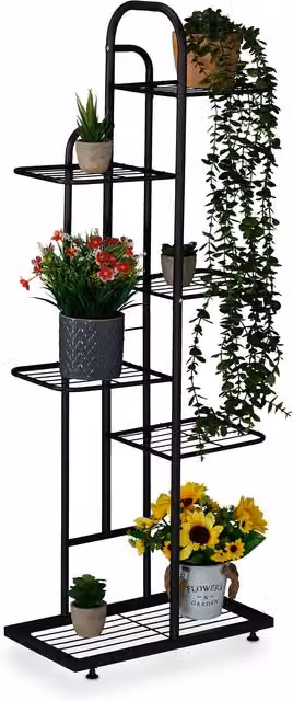 Estantería para plantas de metal Relaxdays con 6 baldas, color negro mate, An/P/Al: 109,5 x 44 x 22 cm