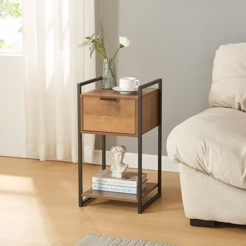 Mesa auxiliar Namsskogan en.casa con cajón y estante inferior, efecto nogal y negro, An/P/Al: 62 x 33 x 32 cm