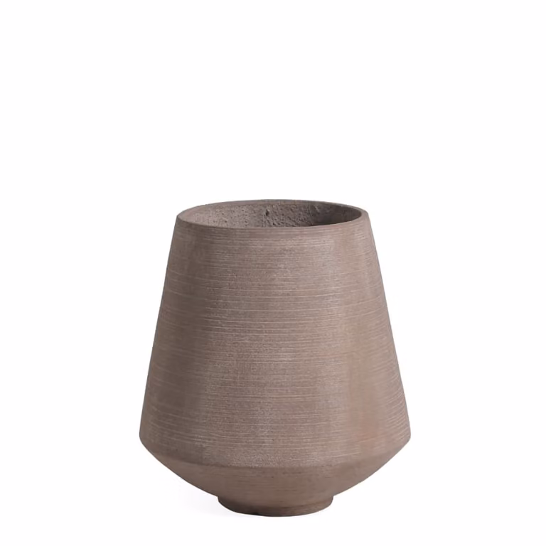 Macetero decorativo moderno Sia Deco de cemento marrón claro con diseño de rayas y forma redonda, Altura: 43 cm, Diámetro: 40 cm