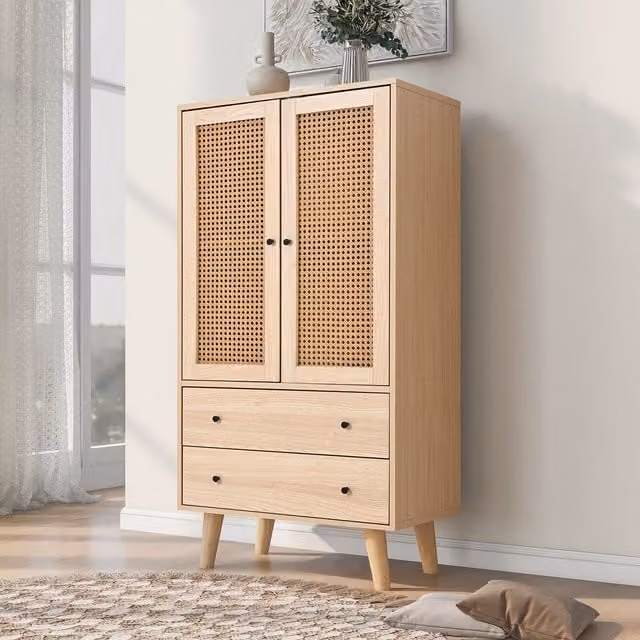 Aparador Moderno MODENVIE con Frentes de Ratán y 2 Puertas y 2 Cajones, Roble, para Salón o Comedor, An/P/Al: 60 x 40 x 120 cm