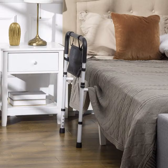 Barra de soporte de cama ajustable HOMCOM con bolsillo de almacenamiento y 5 posiciones de altura, Blanco/Negro, An/P/Al: 52 x 85-95 x 71-102 cm