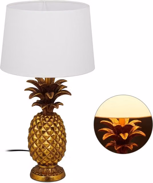 Lámpara de mesa decorativa con forma de piña y pantalla textil de Relaxdays, color dorado, Al: 54 cm, An: 30 cm