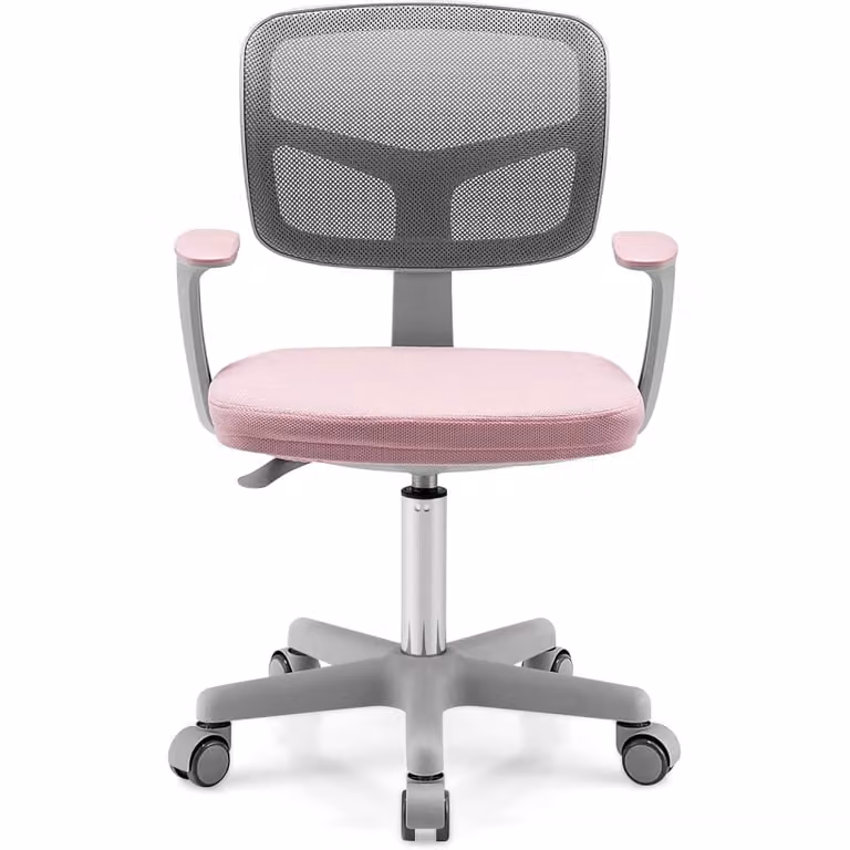 Silla de escritorio infantil GIANTEX rosa con respaldo de malla, cojín extraíble y ruedas giratorias 360, An/P/Al: 54 x 54 x 80 cm