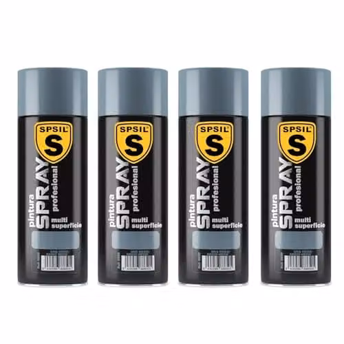Pack de 4 unidades de Pintura Spray SPSIL Brillante Gris Medio de 200 ml con secado rápido para metal, madera y plástico
