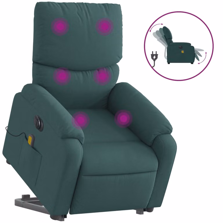Sillón de masaje eléctrico reclinable y elevable vidaXL en tela verde oscuro con estructura de madera y metal