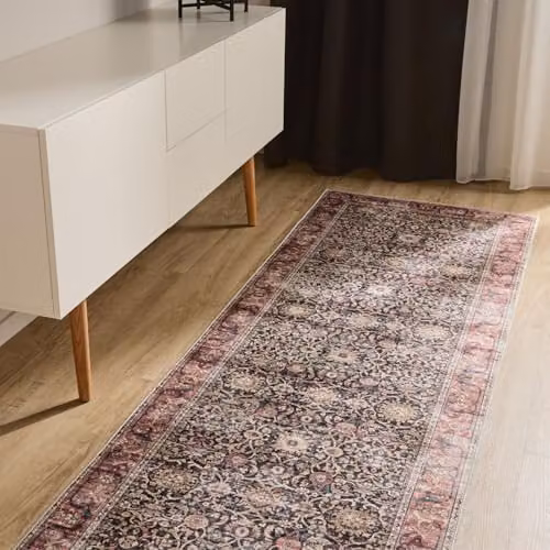Alfombra de salón Benuta Basic George multicolor y rojo, diseño vintage abstracto de fibra sintética lavable, An/P: 80 x 240 cm