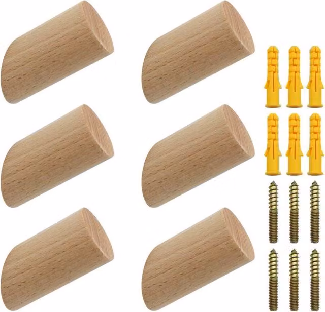 Juego de 6 ganchos de pared Elle de madera de haya natural para colgar abrigos, bufandas y bolsos, color beige, An/P/Al: 3 x 3 x 6 cm