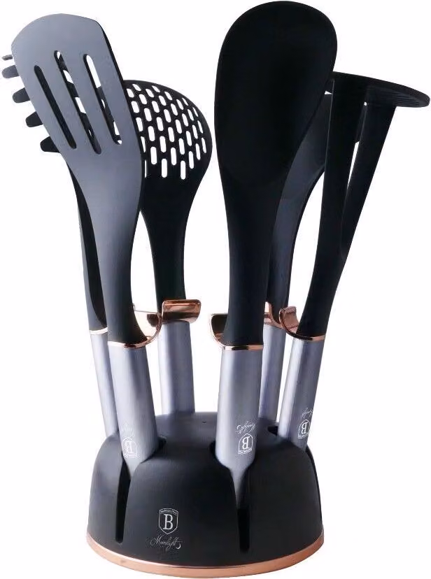 Juego de 7 utensilios de cocina Berlinger Haus Moonlight con soporte en color negro, resistentes al calor y antiadherentes
