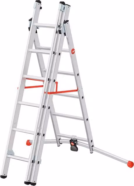 Escalera transformable multiusos Hailo de aluminio color plata con 17 peldaños y altura máxima de trabajo de 4.70 m