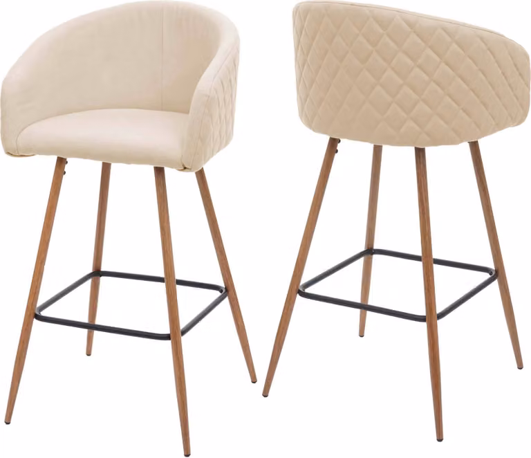 Juego de 2 taburetes de bar Mendler HWC-D72 con respaldo, diseño retro de metal y madera con tapizado de tela en color beige