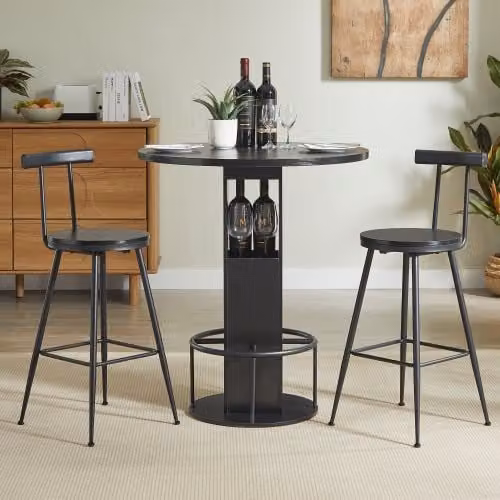 Conjunto de mesa redonda y 2 taburetes OKWISH en negro con acabado mate de madera y metal, Diámetro de mesa: 80 cm