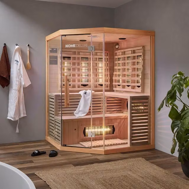 Cabina de infrarrojos Home Deluxe SAHARA XXL con radiador de espectro completo para 4 personas, color marrón, An/P/Al: 150 x 150 x 200 cm