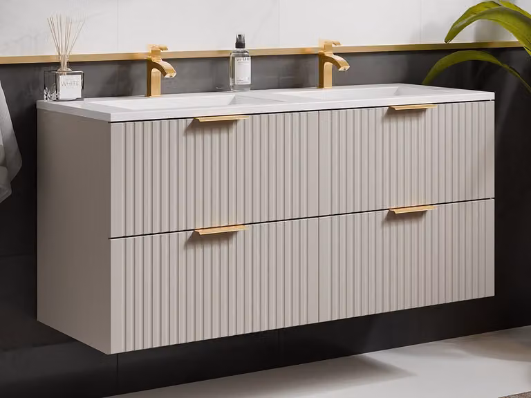 Mueble de baño suspendido Vente-Unique con lavabo empotrable, diseño moderno en beige y blanco, An: 120 cm, Al: 73 cm, P: 46 cm