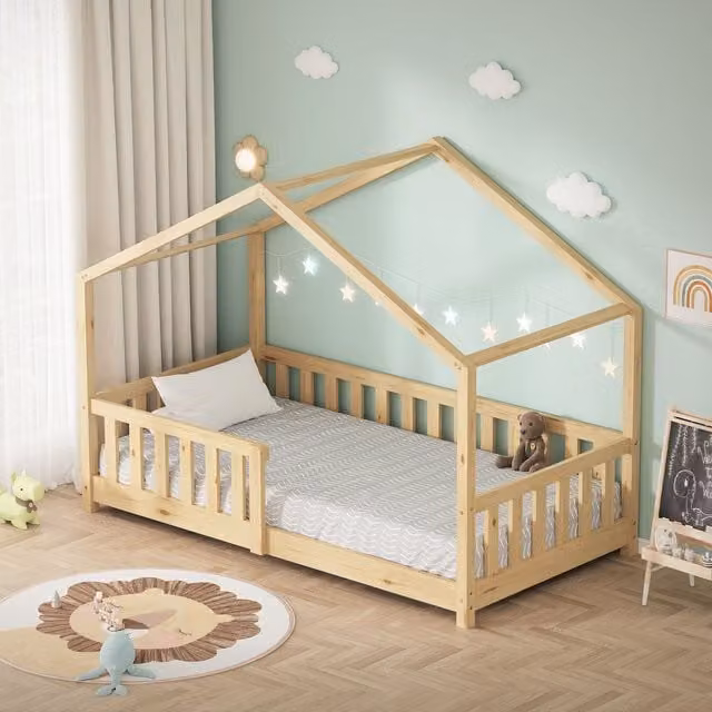 Cama infantil en forma de casa Ml-design de madera maciza de pino en color beige, An/P/Al: 160 x 80 x 17.9 cm