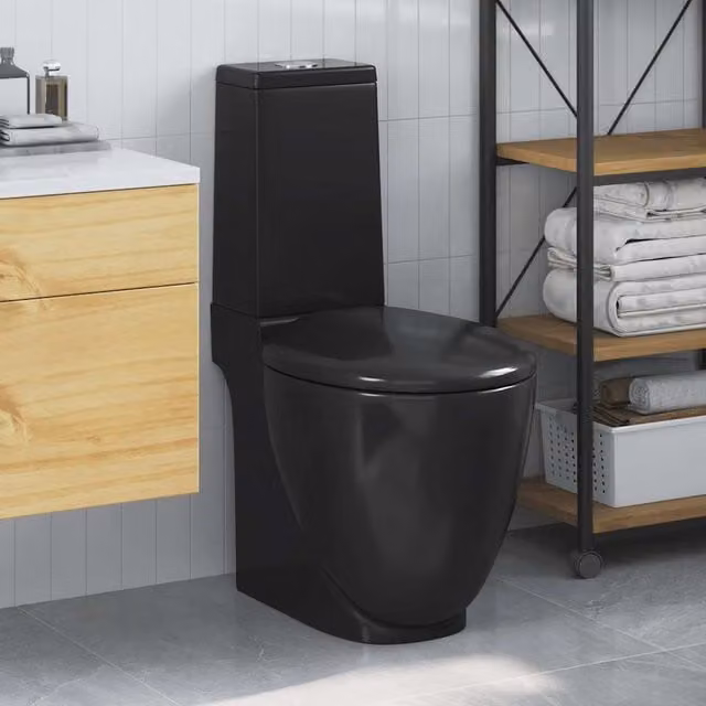Inodoro de cerámica con cisterna vidaXL en color negro con cierre suave y sistema washdown, An/P/Al: 38,5 x 38,5 x 84,5 cm