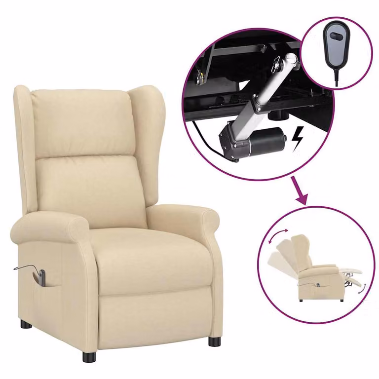 Sillón orejero reclinable eléctrico vidaXL en tela color blanco crema con estructura de madera y metal