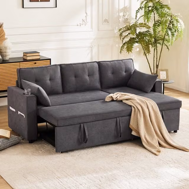 Sofá cama esquinero Modenvie de 3 plazas reversible con almacenamiento, portavasos y cojines, color gris