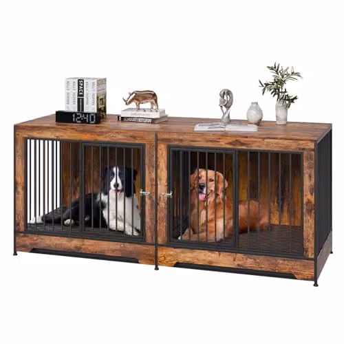 Jaula para perros VEVOR de madera y metal con divisor y puertas dobles, marrón, An/P/Al: 190,1 x 67 x 82,4 cm