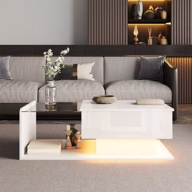 Mesa de centro elevable Stilvora con iluminación LED y tablero de cristal en blanco brillo, An/P/Al: 100 x 50 x 47,5 cm