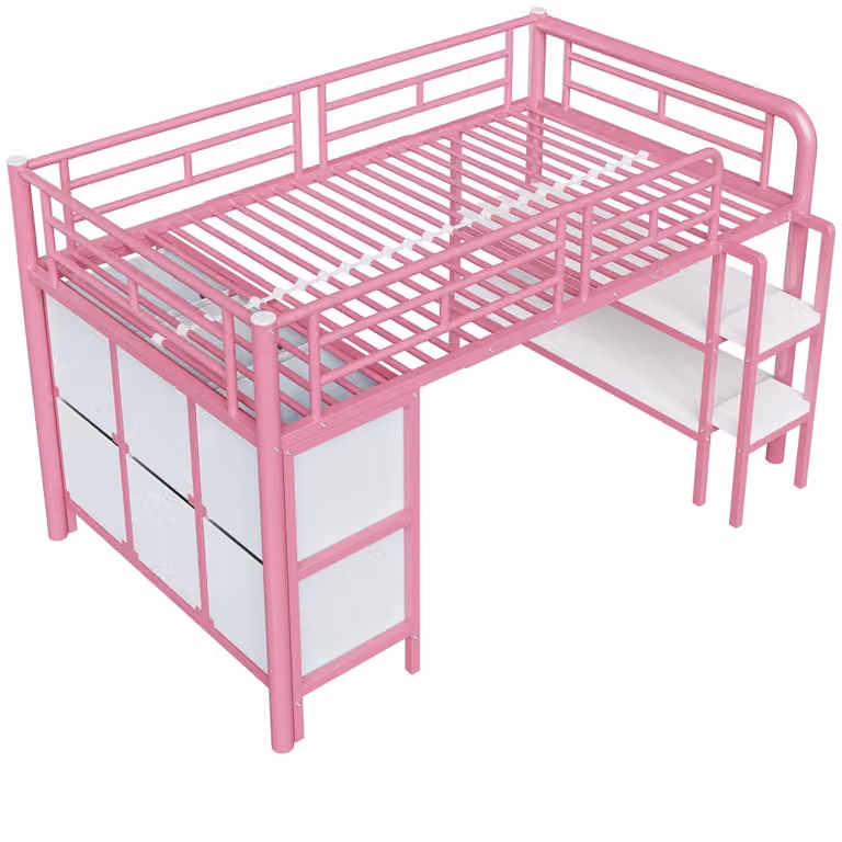 Cama alta ComfortXL para niños en color rosa con escalera, estantes integrados y compartimentos laterales de 90 x 200 cm