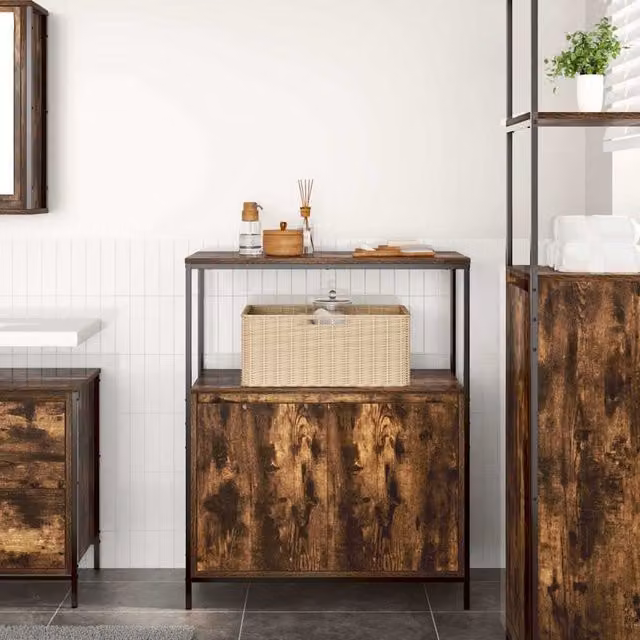 Mueble de baño SYFAX de estilo industrial en color marrón roble con estantes internos y puertas abatibles, An/P/Al: 76,5 x 35 x 95 cm