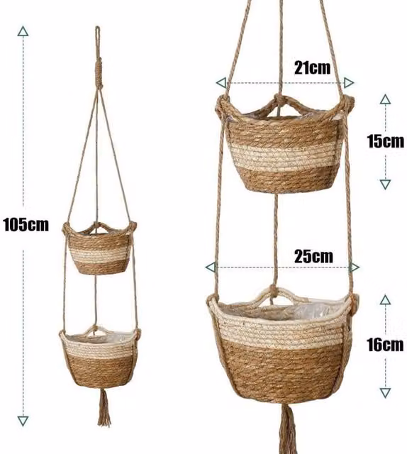 Cesta colgante de junco marino LIIYIELA para plantas y almacenamiento, tejido abierto, color beige
