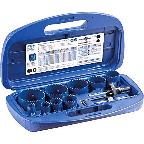 Juego de coronas perforadoras HSS Bi-metal LS-SO 13 M de PFERD con 9 coronas de 19 a 64 mm, 2 husillos y 1 broca de centrado en acero inoxidable