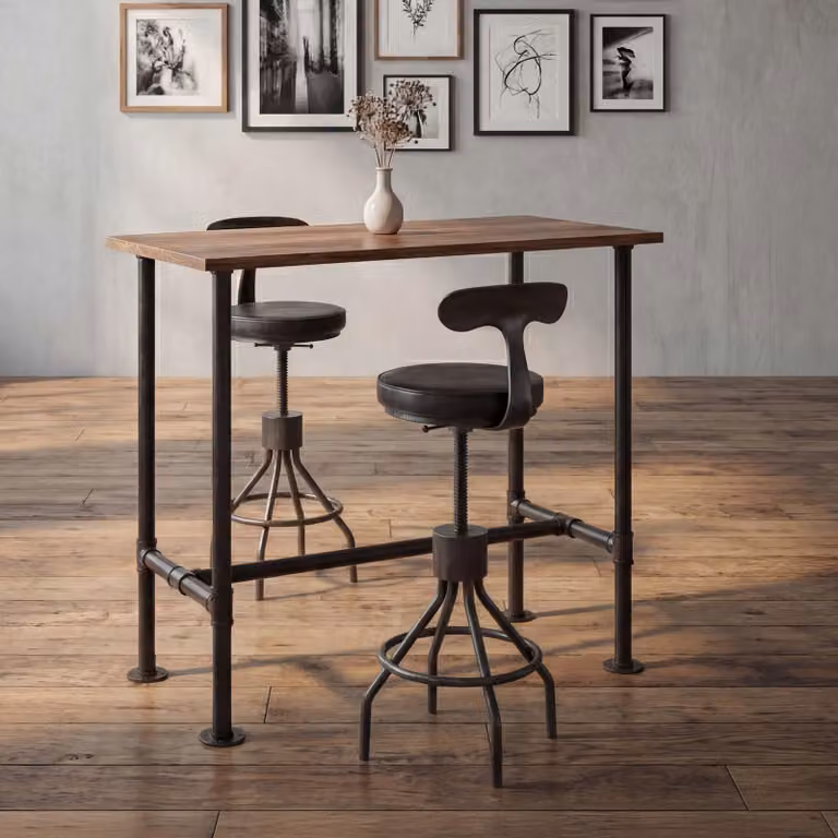 Mendler Juego de Mesa de Bar y 2 Taburetes de Estilo Industrial con Altura Regulable y Asientos Giratorios en Madera y Metal, Color Marrón y Negro