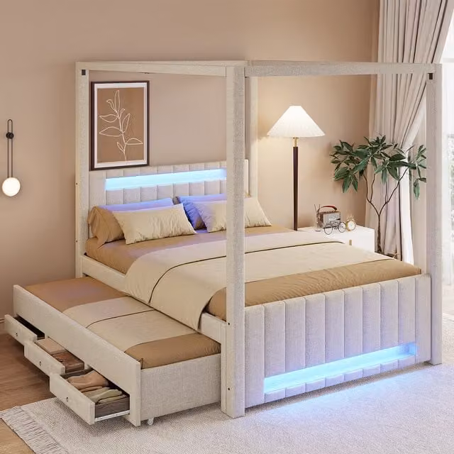 Cama con dosel MODFU para adultos con cama nido, iluminación LED y 3 cajones, estructura de lino y MDF en color beige, An/P/Al: 140 x 200 x 141.5 cm