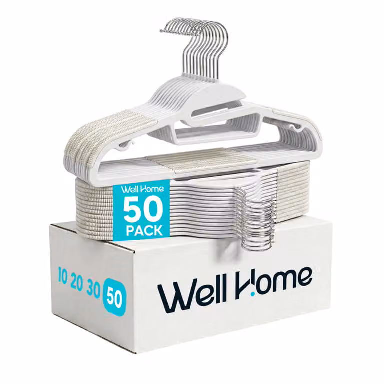 Pack de 50 perchas antideslizantes de plástico con acabado aterciopelado Wellhome en color blanco con gancho giratorio y muescas