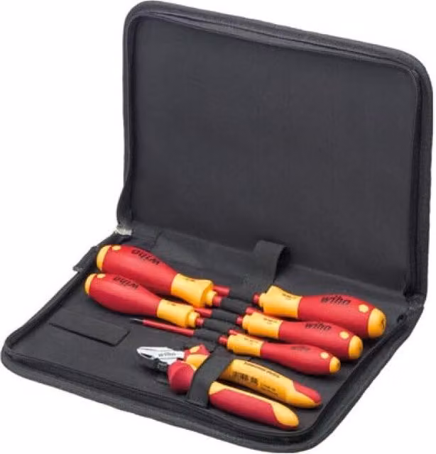 Juego de herramientas para electricistas Wiha con destornilladores y alicates en estuche rojo de 6 piezas