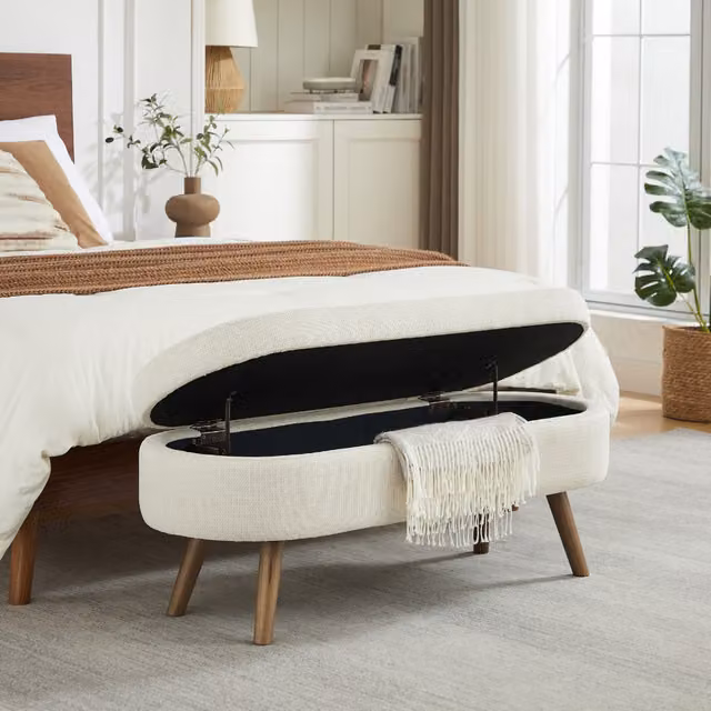 Banco de almacenaje ovalado WISHDOR en chenilla beige con diseño moderno An/P/Al: 110 x 40 x 42 cm
