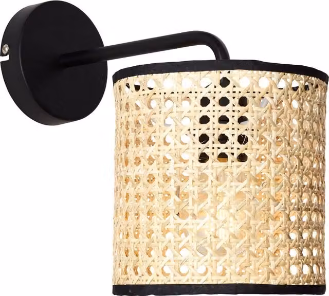 Lámpara de mesa Brilliant Tanah en color negro y madera natural con acabado de ratán y con interruptor de cable para bombilla E27