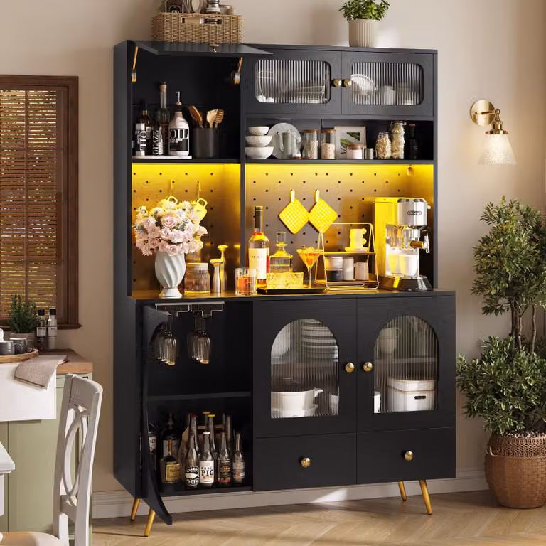 Armario alto STILVORA con iluminación LED, puertos USB y estantes de cristal, color negro, An/P/Al: 120 x 40 x 176 cm
