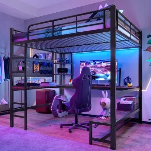 Cama alta OKWISH de metal con escritorio, estantes, 4 cajones, puertos USB y Type-C y tira LED, color negro, An/P/Al: 200 x 140 x 180 cm