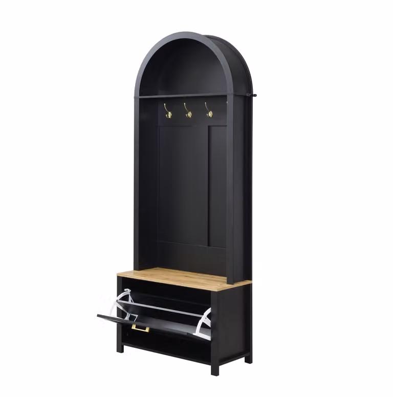 Mueble de entrada REDOM con banco, perchero y zapatero en MDF negro y madera An/P/Al: 75 x 35 x 195 cm