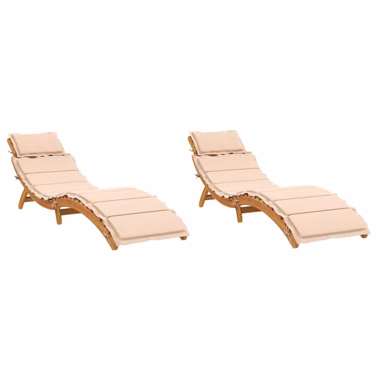 Set de 2 tumbonas Syfax de madera de acacia con cojines beige resistentes a la intemperie y reposacabezas ajustable