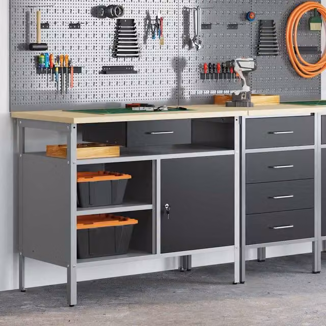 vidaXL Banco de trabajo con cajón en negro y gris, An/P/Al: 100 x 55 x 85 cm