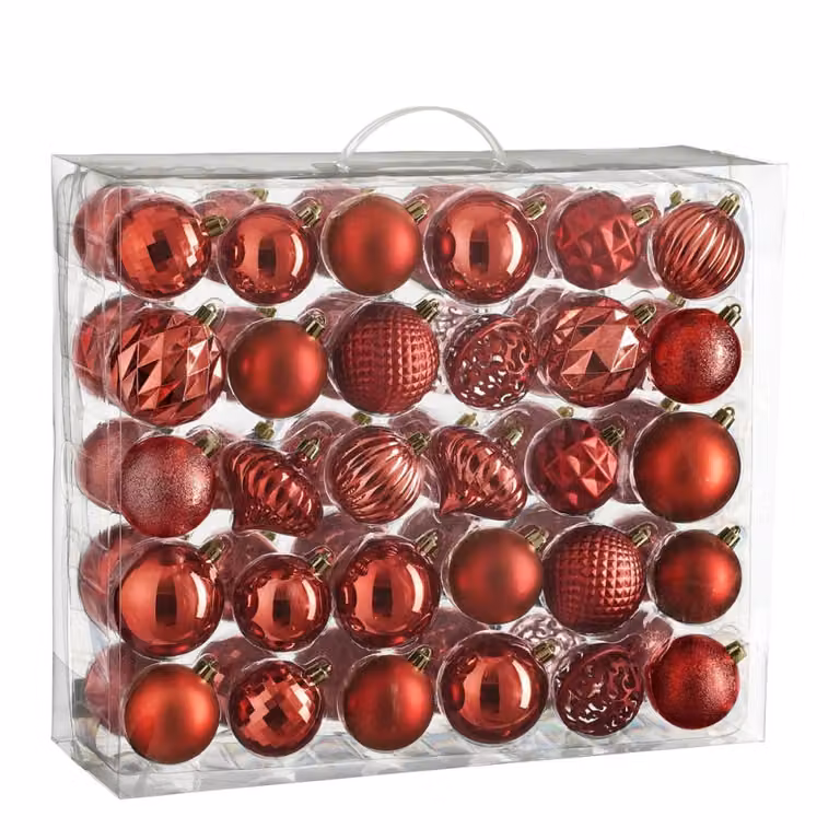 Bola de Navidad Mica Decorations de plástico rojo con diseño geométrico y acabado liso, Diámetro: 7 cm