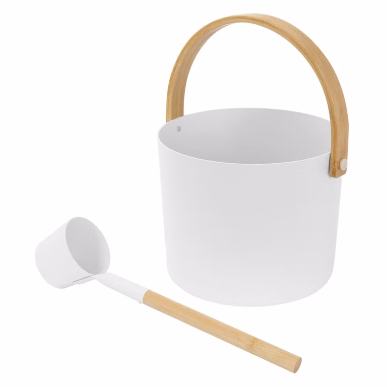 Set de 2 accesorios para sauna ECD Germany con cubo de 6L y cazo de aluminio y bambú en color blanco y beige