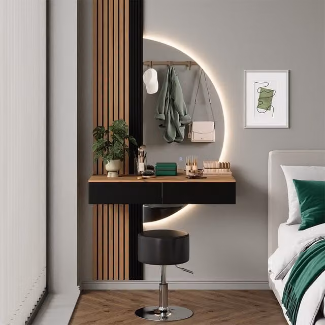 Tocador Melina Vicco con espejo LED y taburete, roble y negro, An/P/Al: 100 x 40 x 76,7 cm