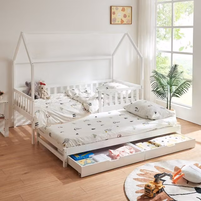 Cama Aarghonmaa con cama supletoria y 2 cajones de en.casa, color blanco, Al x An x P: 205 x 97 x 166 cm