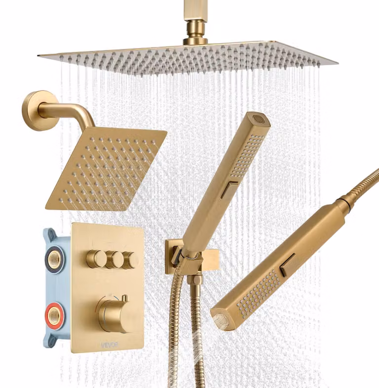 Kit de sistema de ducha VEVOR con cabezal de lluvia de 30 cm, ducha de mano y termostato en acabado dorado y latón