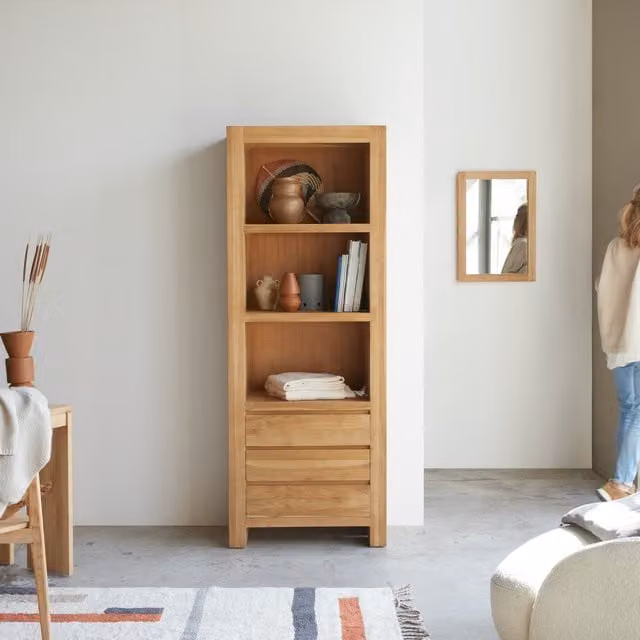 Biblioteca Tikamoon de madera de teca maciza moderna en color marrón para salón o habitación An/P/Al: 200 x 40 x 75 cm