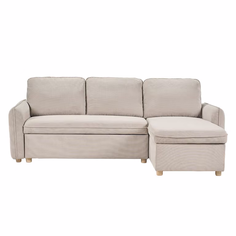 Sofá de esquina convertible y reversible Miliboo ORSO de 3 plazas en tejido beige con arcón y madera clara, An/P/Al: 212 x 139,5 x 83 cm